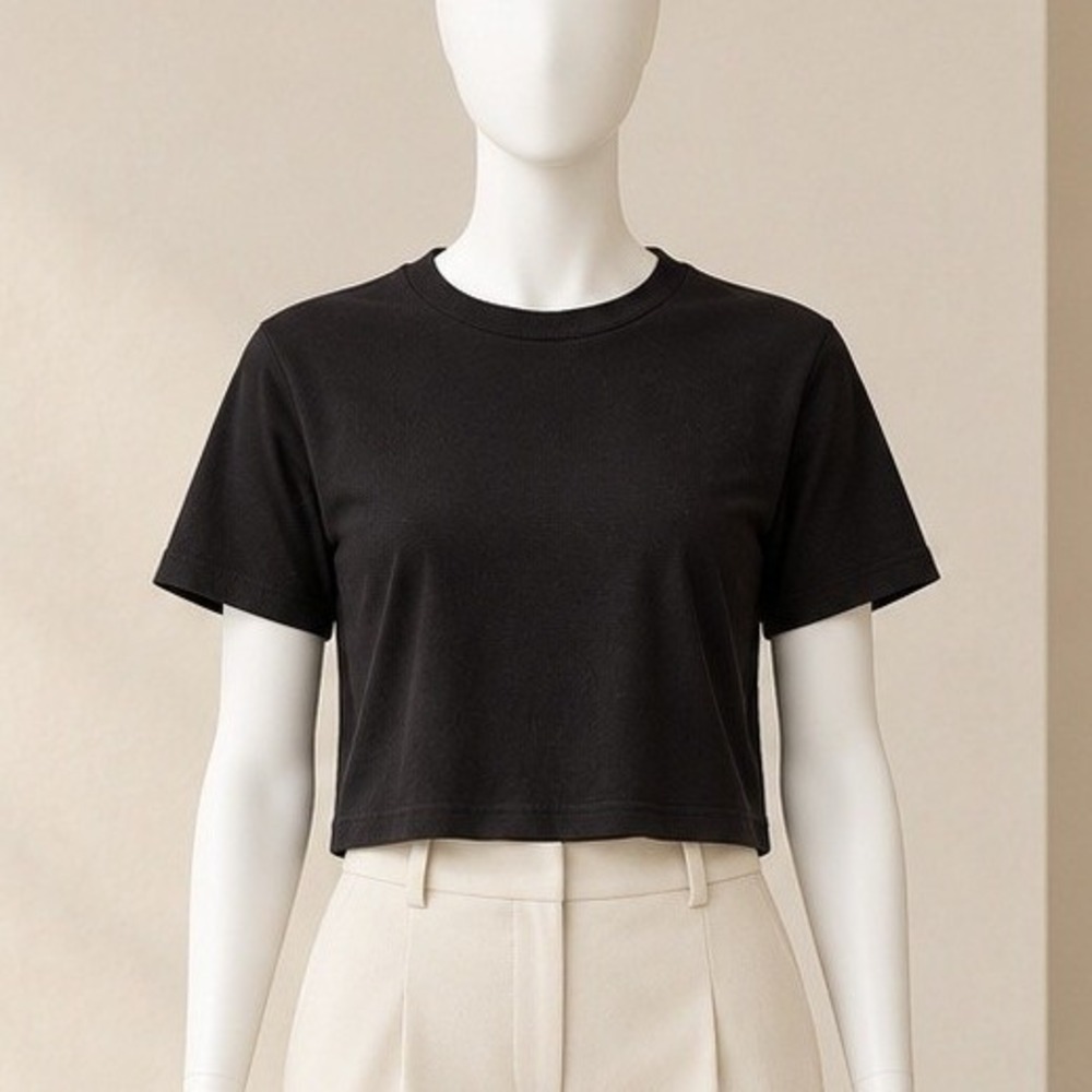 MNG Mango Womens Crop Top Black Short Sleeve Crew Neck Medium